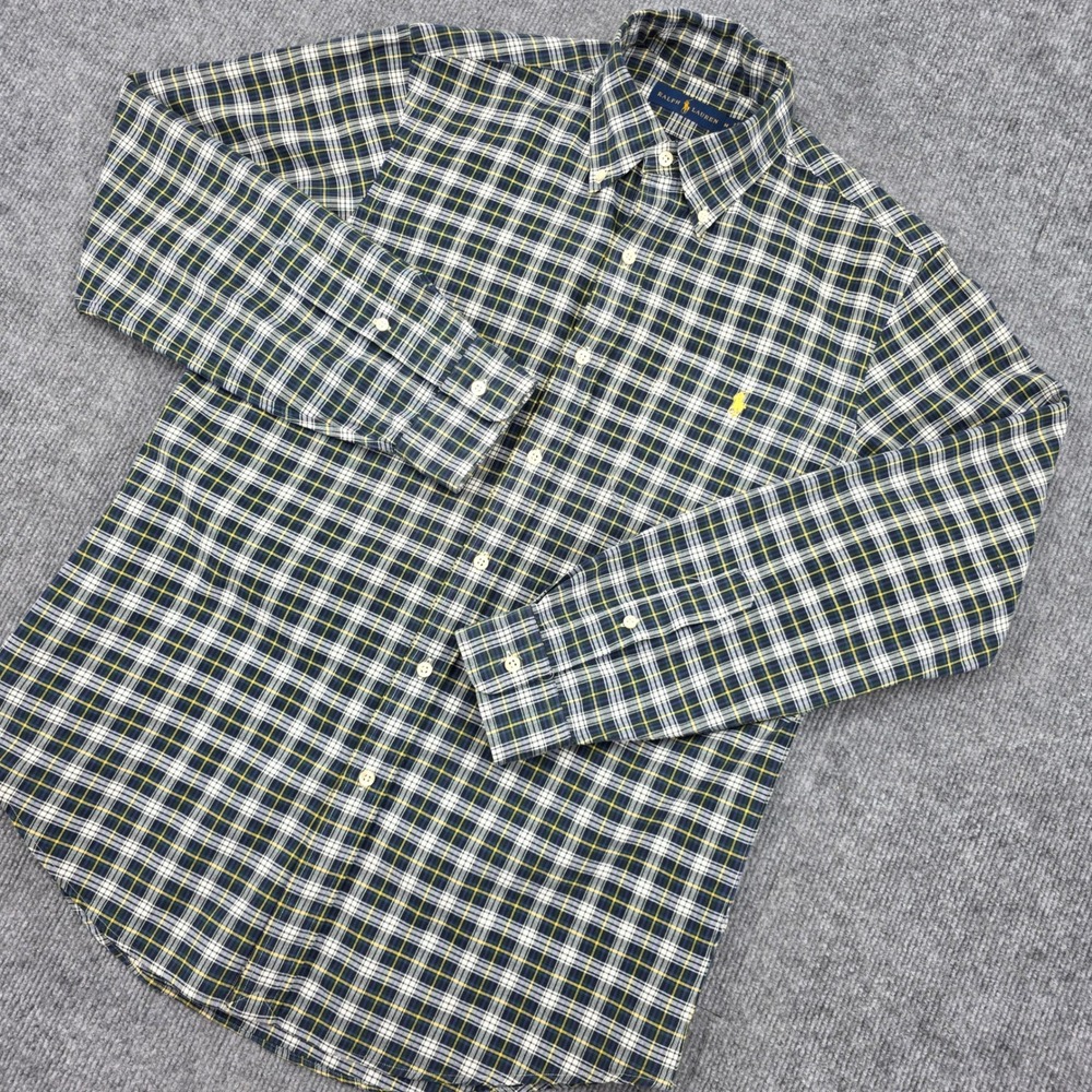 Ralph Lauren Mens Plaid Button Down Shirt Medium Navy Blue Green Yellow Pony